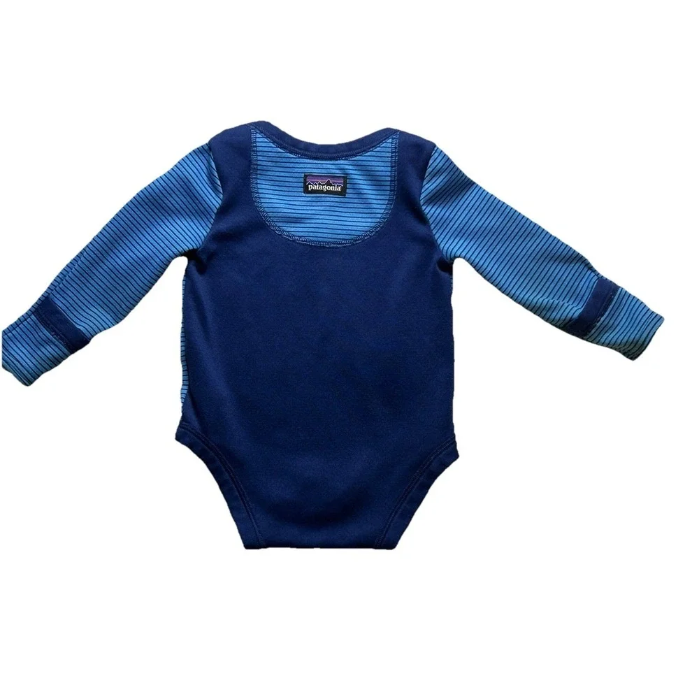 Patagonia Baby One Piece Capilene Blue Striped Long Sleeve Bodysuit 6 - 12 Month